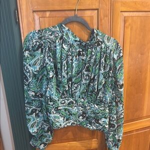 Green and Black Long Sleeve Pleated Blouse with Mandarin Collar